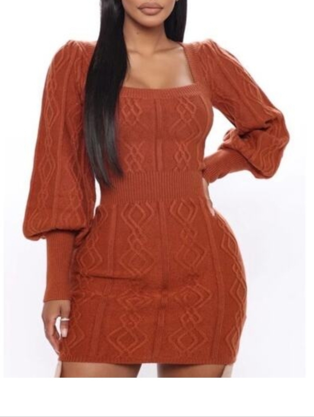 Square Neck Cable Knit Long Sleeve Bodycon Dress - Camel